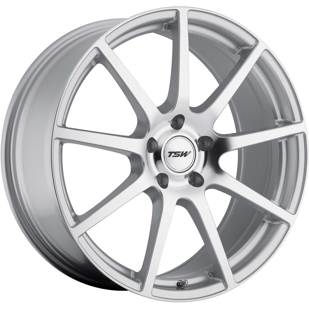 18x9.5 5x114.3 TSW Wheels Interlagos Silver With Mirror Cut Face 40 offset 76.1 hub