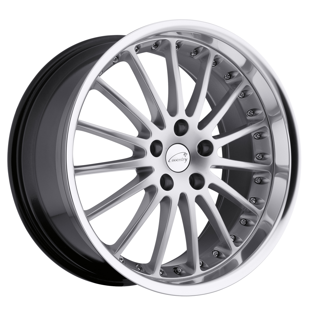 20x8.5 5x108 Coventry Wheels Whitley Hyper Silver With Mirror Cut Lip 42 offset 63.4 hub