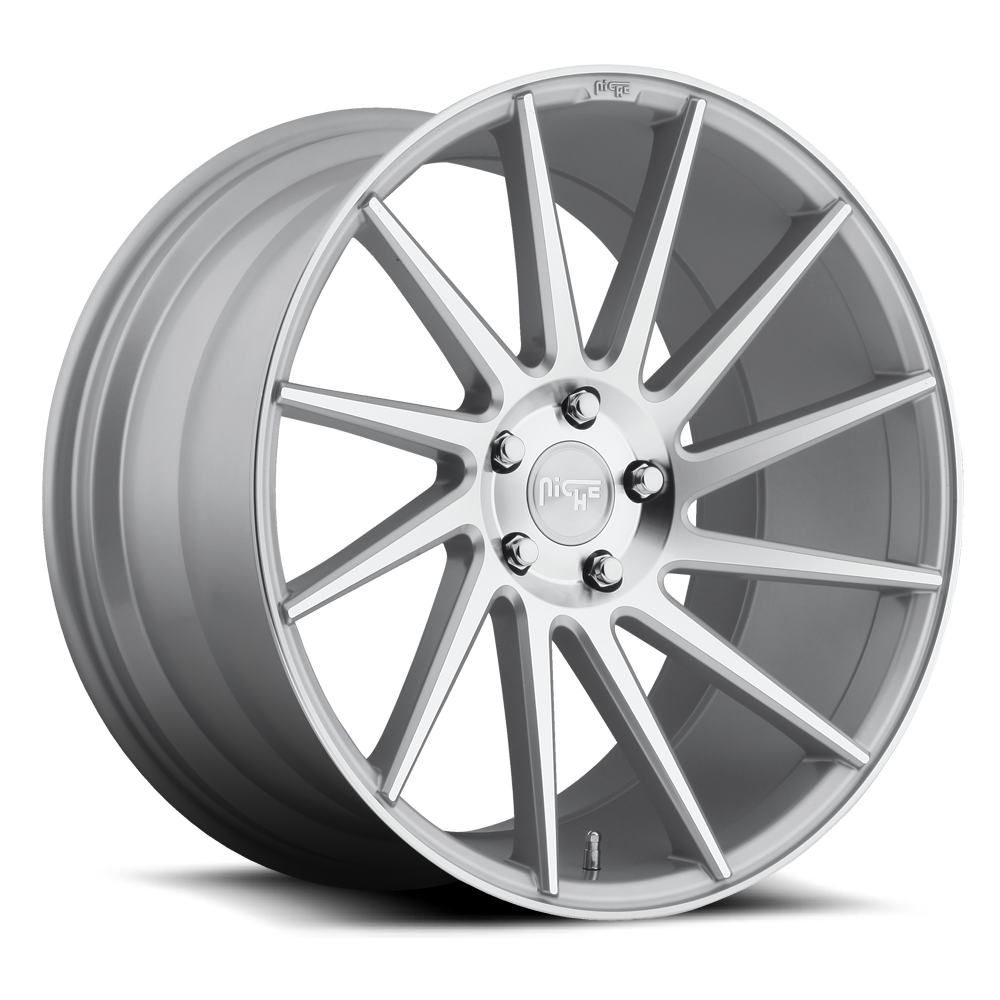 19x8.5 5x120 Niche Wheels M112 Surge Gloss Silver Machined 35 offset 72.56 hub