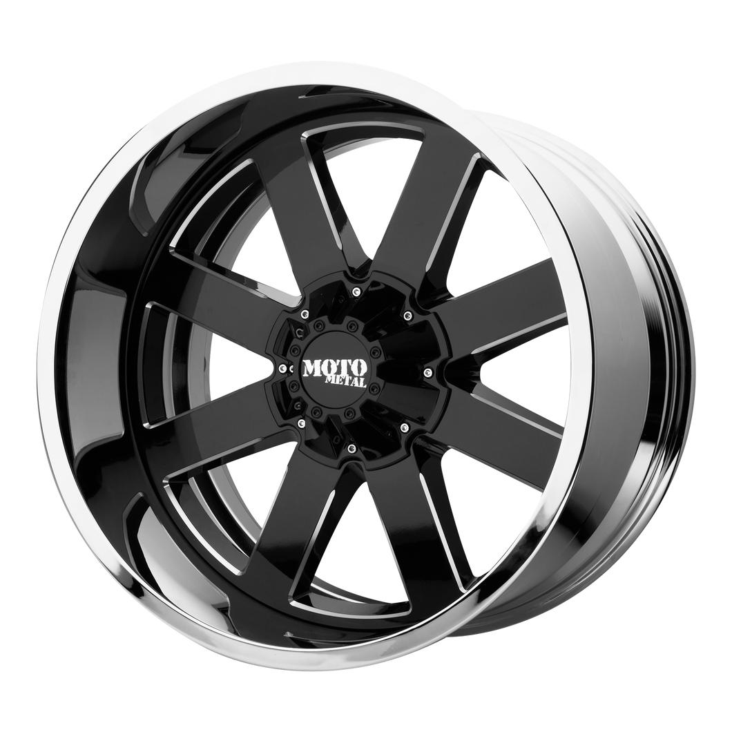 22x10 6x135 Moto Metal Offroad Wheels MO200 Gloss Black Milled Center Chrome Lip -18  offset  87.1  hub