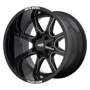 20x9 6x135/6x139.7 Moto Metal Offroad Wheels MO970 Gloss Black With Milled Spoke And Moto Metal On Lip 0  offset  106.25  hub