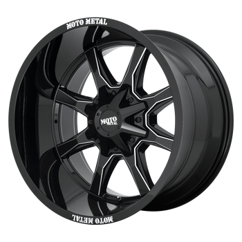 18x10 6x135/6x139.7 Moto Metal Offroad Wheels MO970 Gloss Black With Milled Spoke And Moto Metal On Lip -24  offset  106.25  hub