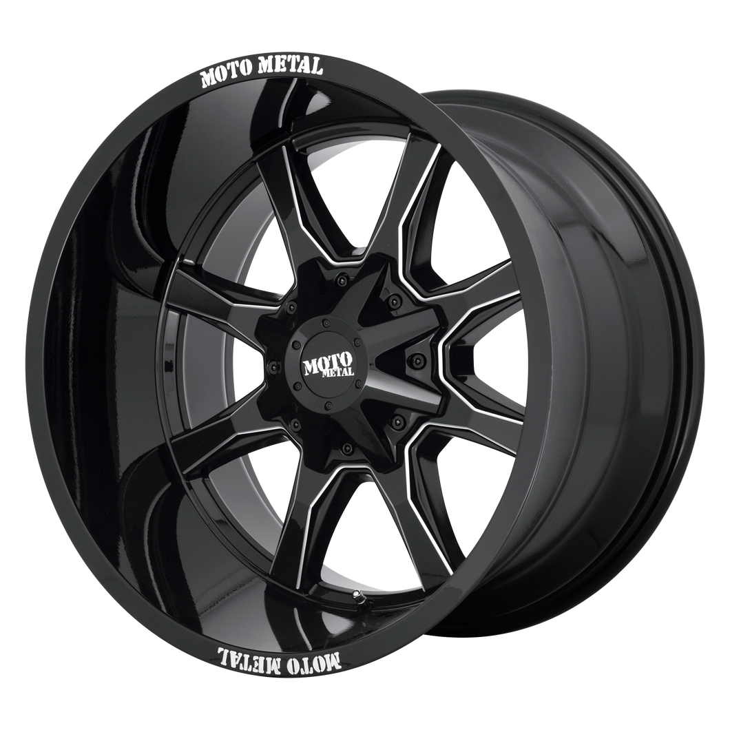 18x10 6x135/6x139.7 Moto Metal Offroad Wheels MO970 Gloss Black With Milled Spoke And Moto Metal On Lip -24  offset  106.25  hub