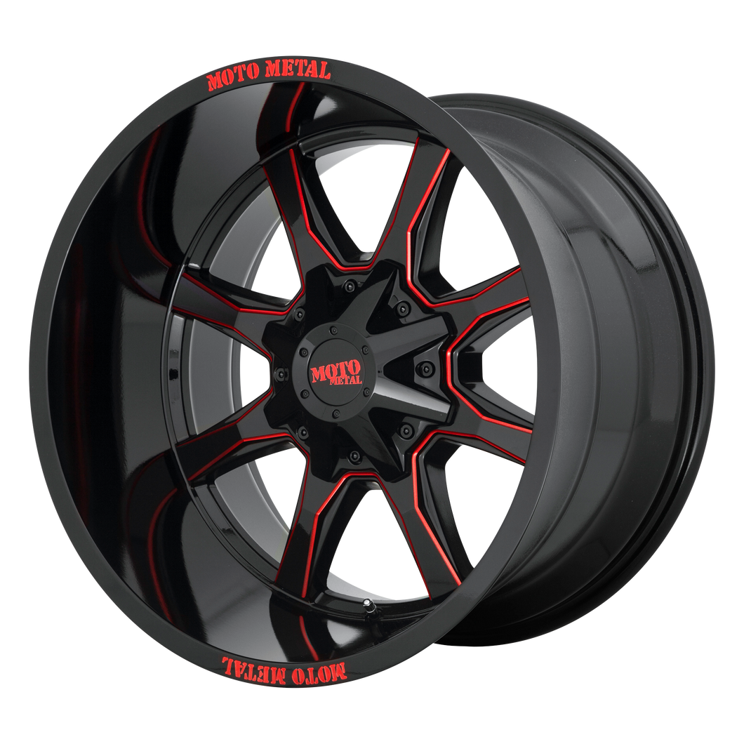 20x9 6x135/6x139.7 Moto Metal Offroad Wheels MO970 Gloss Black Milled With Red Tint And Moto Metal On Lip 0  offset  106.25  hub