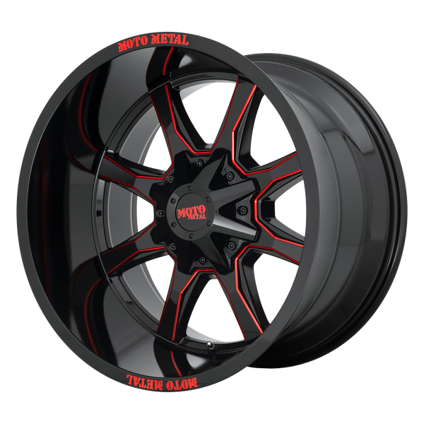 20x9 5x139.7/5x150 Moto Metal Offroad Wheels MO970 Gloss Black Milled With Red Tint And Moto Metal On Lip 0  offset  110.5  hub