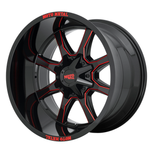 20x9 8x180 Moto Metal Offroad Wheels MO970 Gloss Black Milled With Red Tint And Moto Metal On Lip 0  offset  124.2  hub