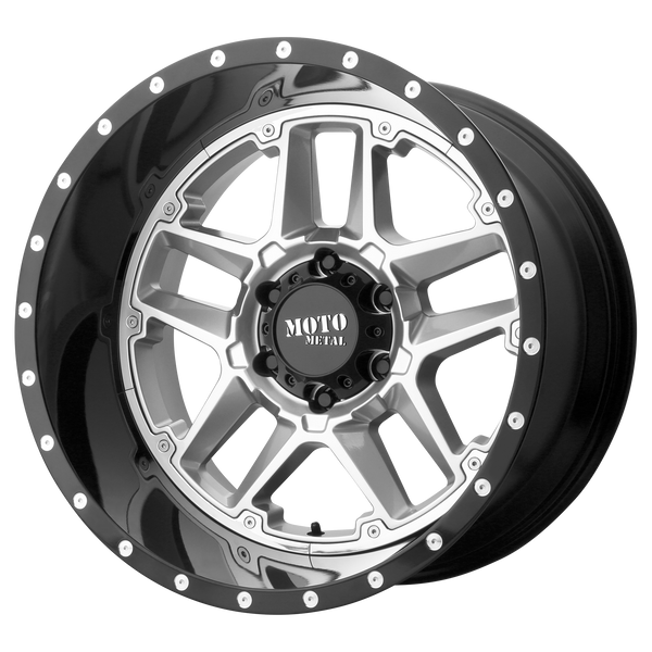 20x9 5x150 Moto Metal Offroad Wheels MO987 Sentry Gloss Silver Center Gloss Black Lip 18  offset  110.5  hub