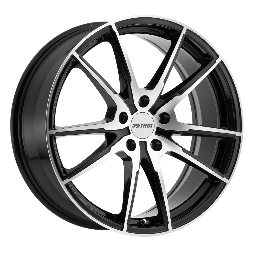 18x8 5x120 Petrol Wheels P0A Gloss Black With Machined Cut Face 35 offset 76.1 hub