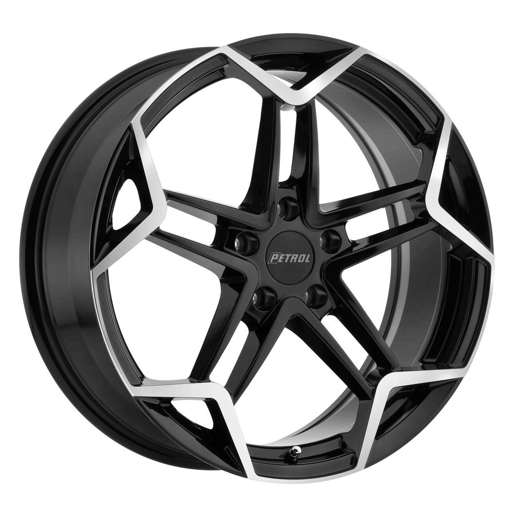 17x8 5x100 Petrol Wheels P1A Gloss Black With Machined Cut Face 35 offset 72.1 hub