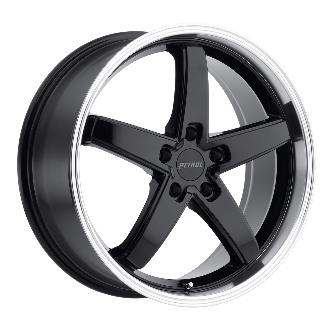 18x8 5x120 Petrol Wheels P1B Gloss Black With Machined Cut Lip 35 offset 76.1 hub