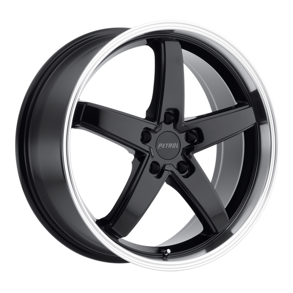 18x8 5x114.3 Petrol Wheels P1B Gloss Black With Machined Cut Lip 40 offset 76.1 hub