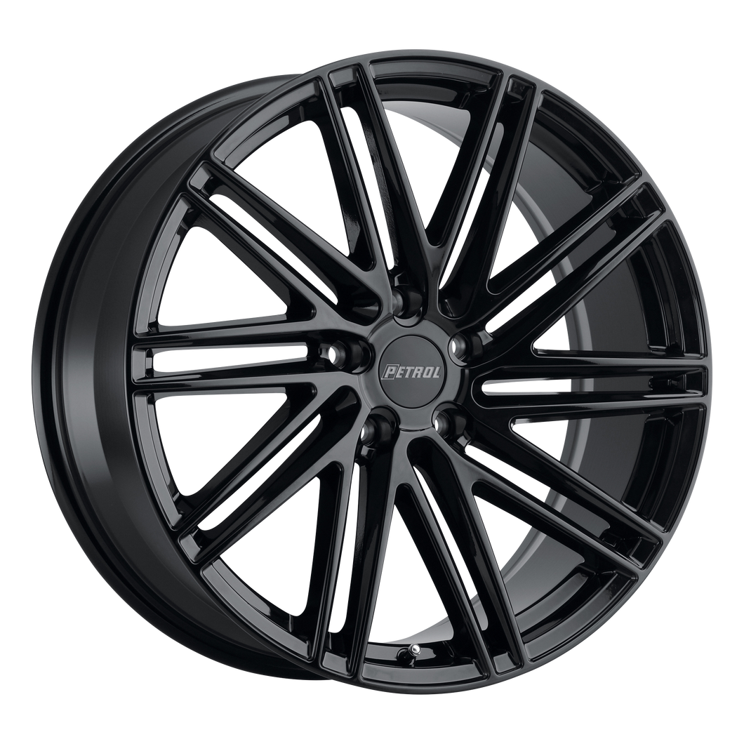 18x8 5x115 Petrol Wheels P1C Gloss Black 40 offset 76.1 hub
