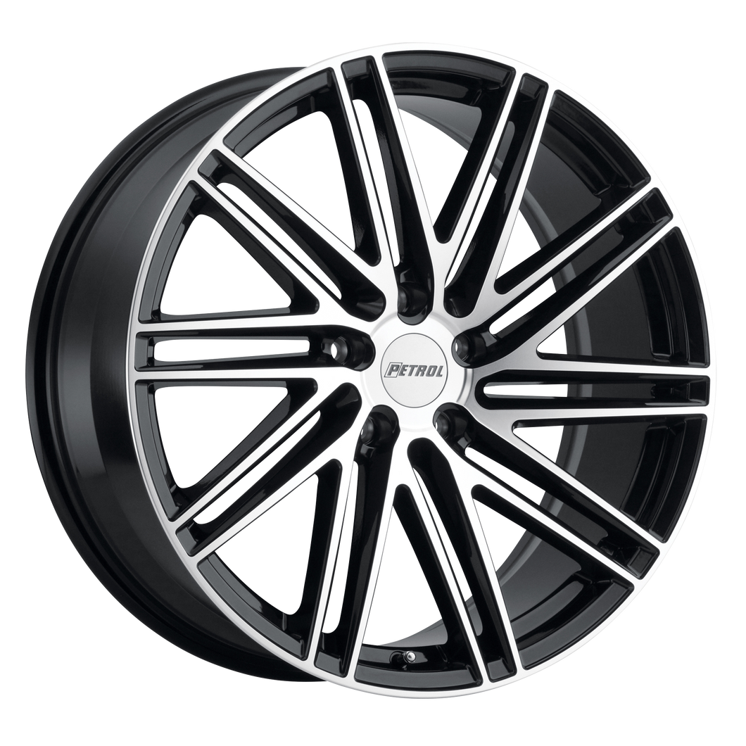 20x8.5 5x112 Petrol Wheels P1C Gloss Black With Machined Face 40 offset 72.1 hub