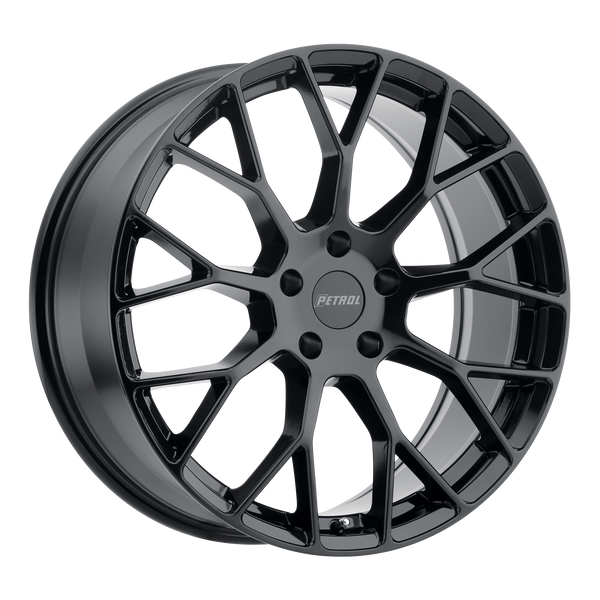 20x8.5 5x114.3 Petrol Wheels P2B Gloss Black 40 offset 76.1 hub