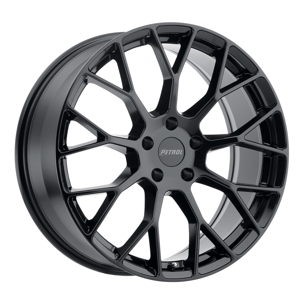 19x8 5x120 Petrol Wheels P2B Gloss Black 35 offset 76.1 hub