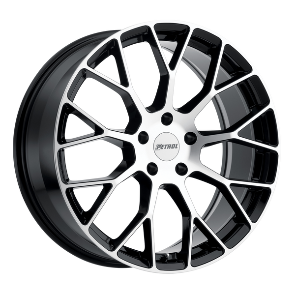 20x8.5 5x114.3 Petrol Wheels P2B Gloss Black With Machined Face 40 offset 76.1 hub