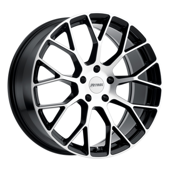 20x8.5 5x114.3 Petrol Wheels P2B Gloss Black With Machined Face 40 offset 76.1 hub