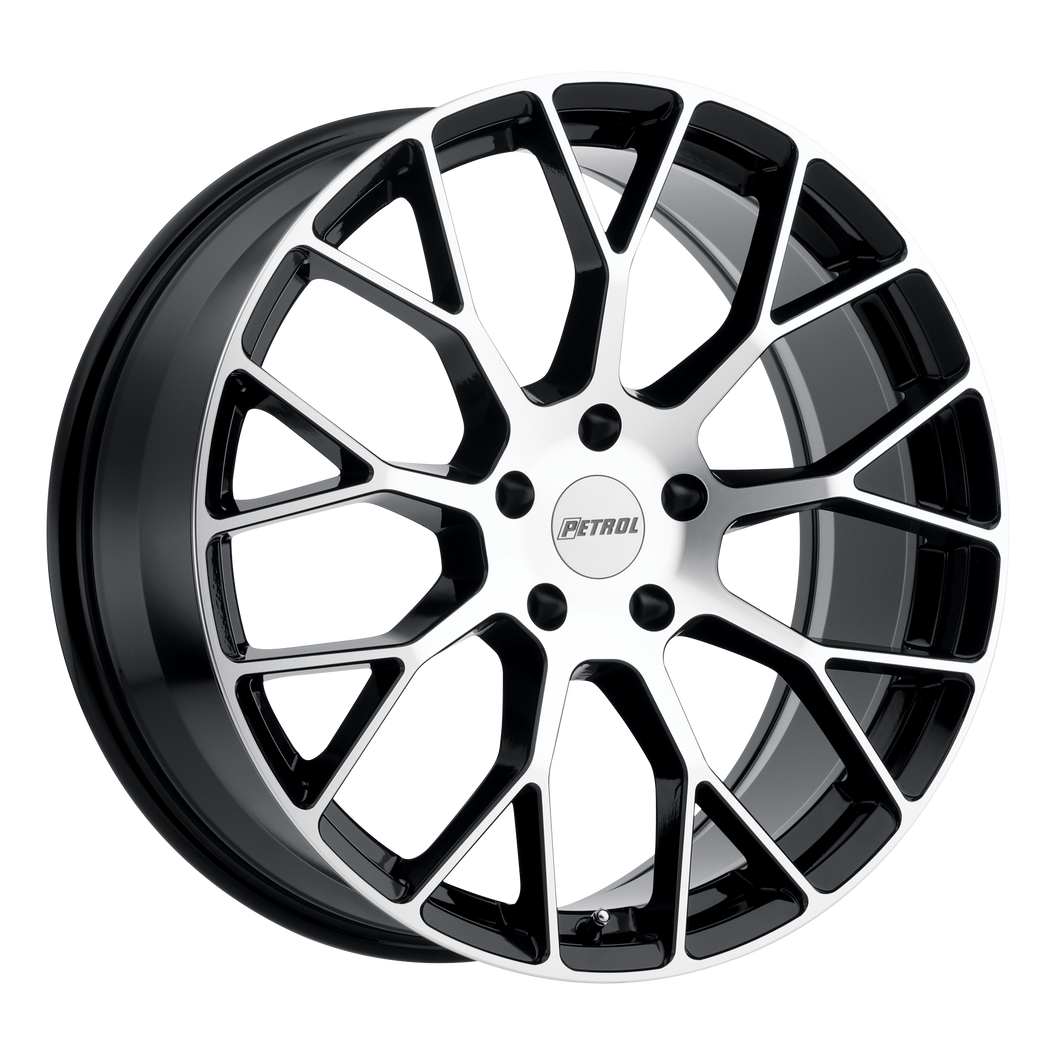 20x8.5 5x120 Petrol Wheels P2B Gloss Black With Machined Face 35 offset 76.1 hub