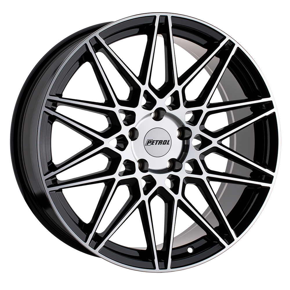 20x8.5 5x112 Petrol Wheels P3C Gloss Black With Machined Face 40 offset 66.56 hub