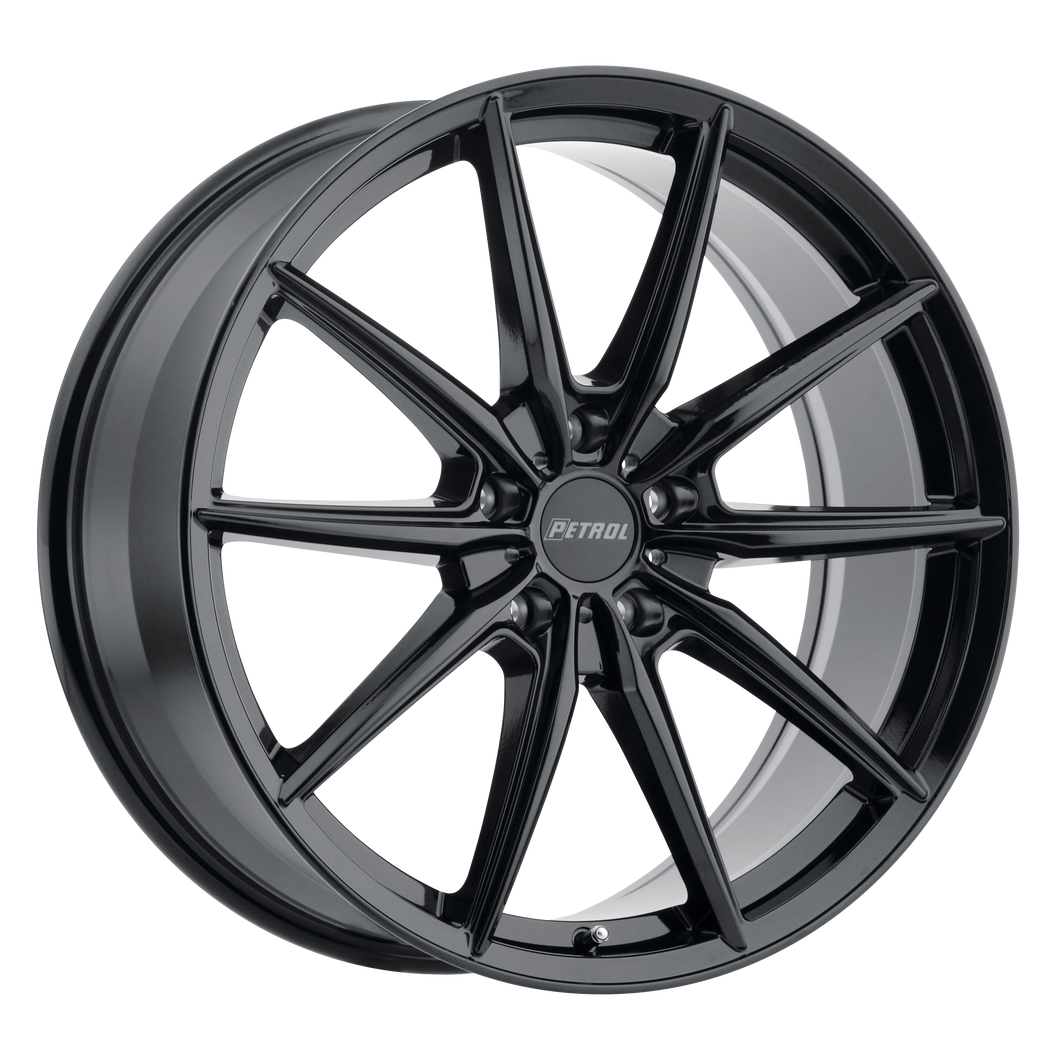 20x8.5 5x114.3 Petrol Wheels P4B Gloss Black 40 offset 76.1 hub