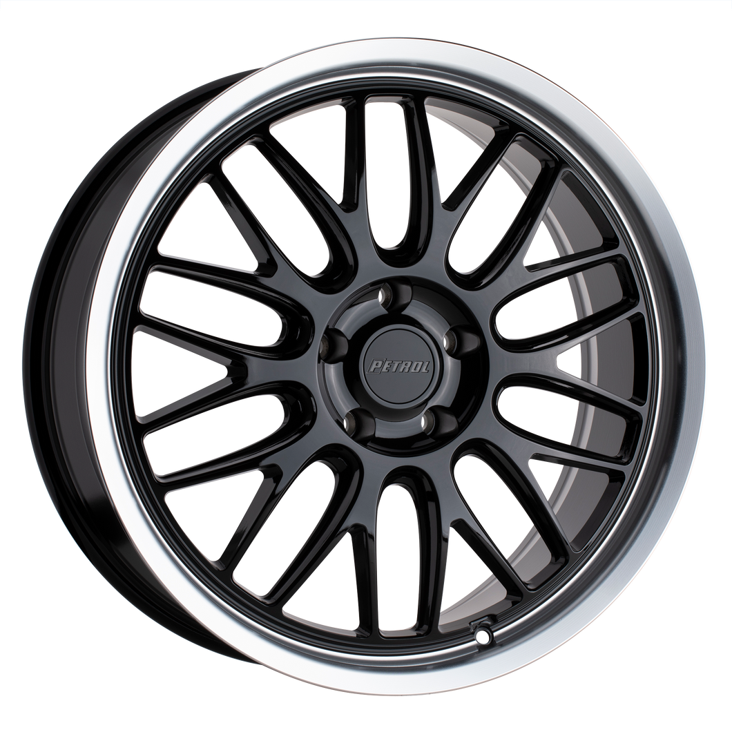 20x8.5 5x114.3 Petrol Wheels P4C Gloss Black With Machined Cut Lip 40 offset 76.1 hub