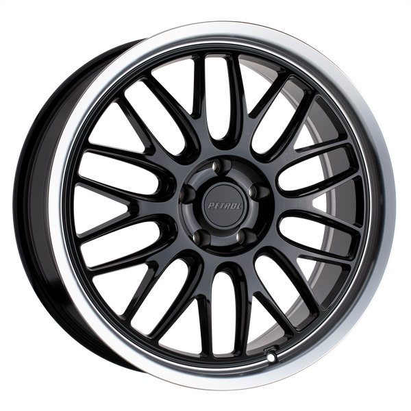17x8 5x120 Petrol Wheels P4C Gloss Black With Machined Cut Lip 35 offset 76.1 hub
