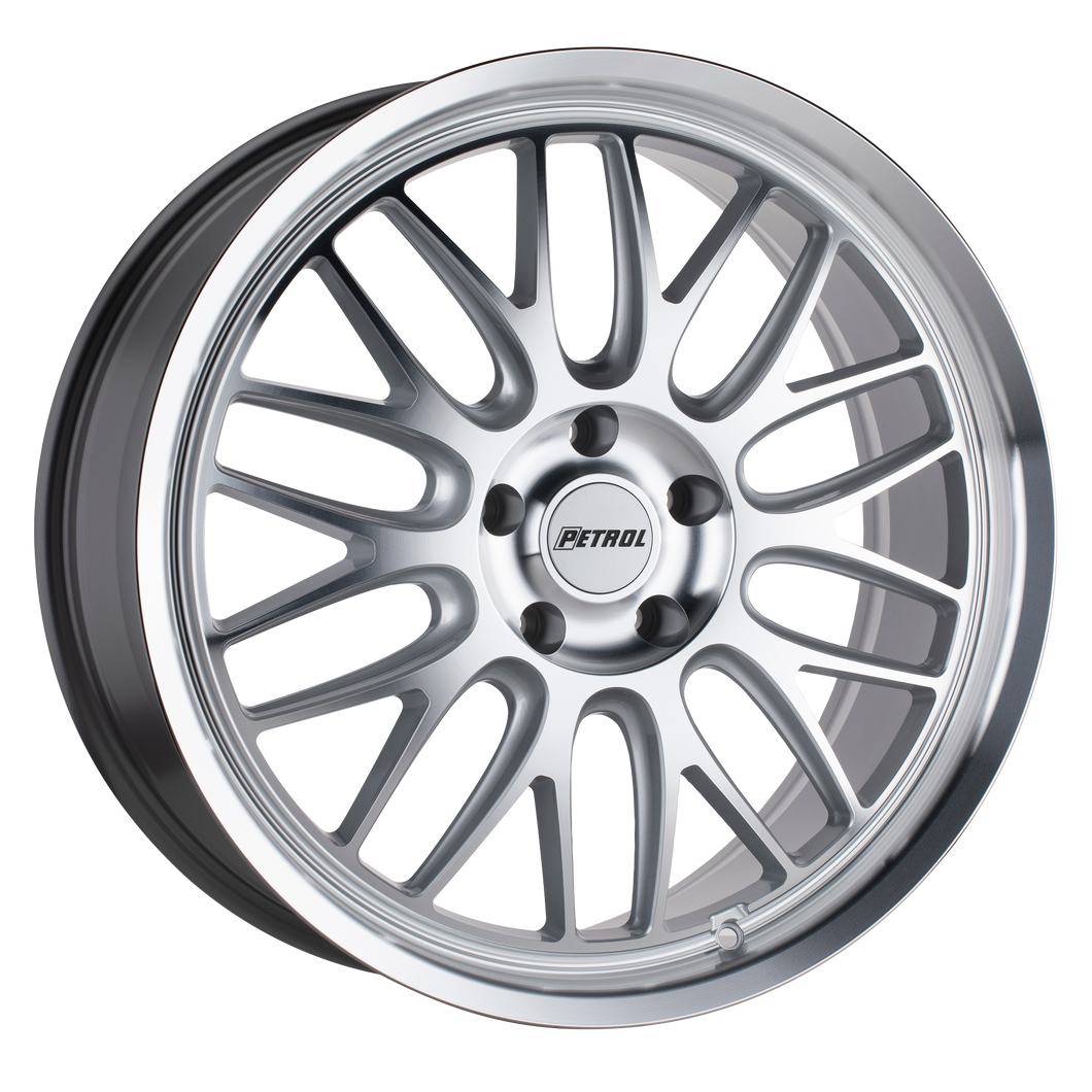 20x8.5 5x115 Petrol Wheels P4C Silver With Machined Face And Lip 40 offset 76.1 hub