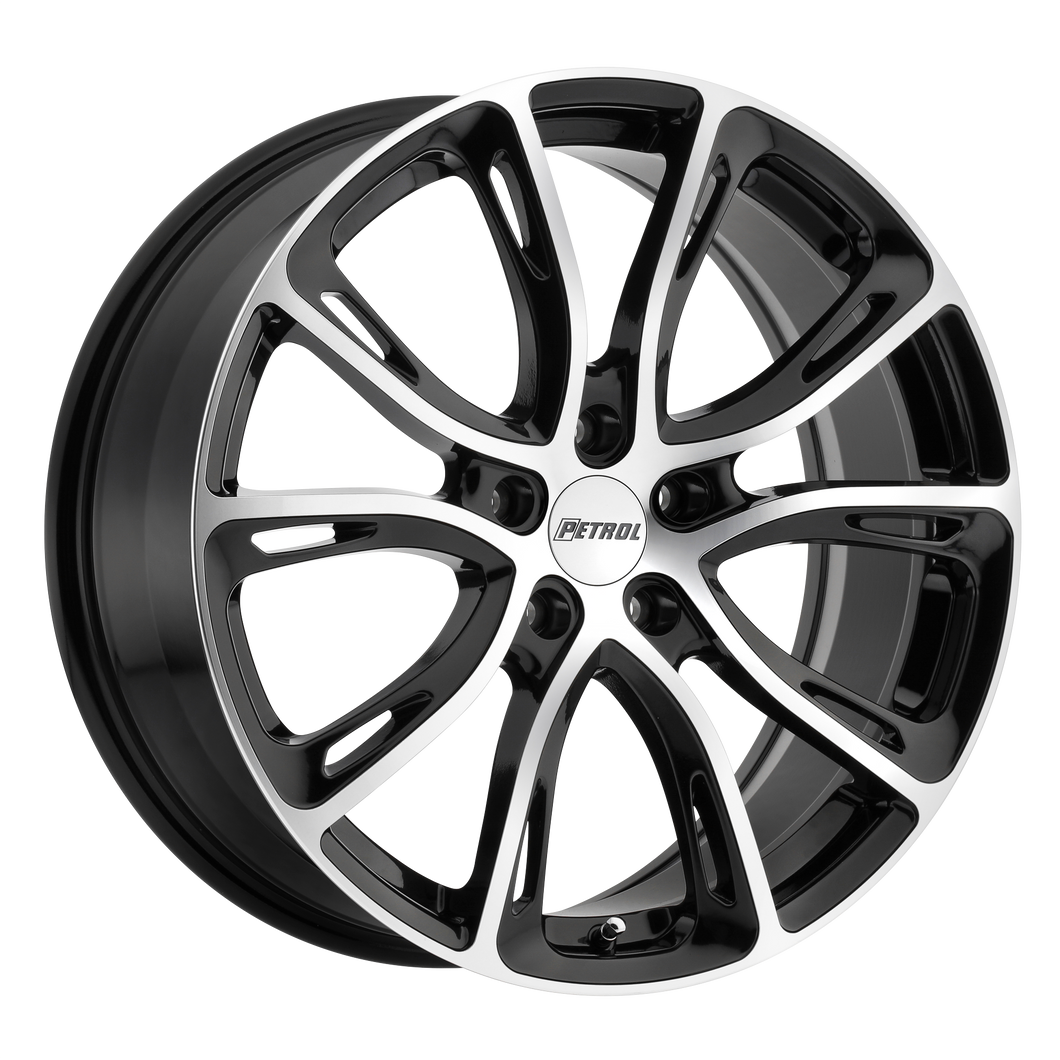 18x8 5x114.3 Petrol Wheels P5A Gloss Black With Machined Cut Face 40 offset 76.1 hub