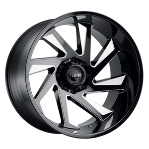 24x14 8x170 Tuff Wheels T1B Gloss Black With Milled Spokes -72 offset 125.1 hub