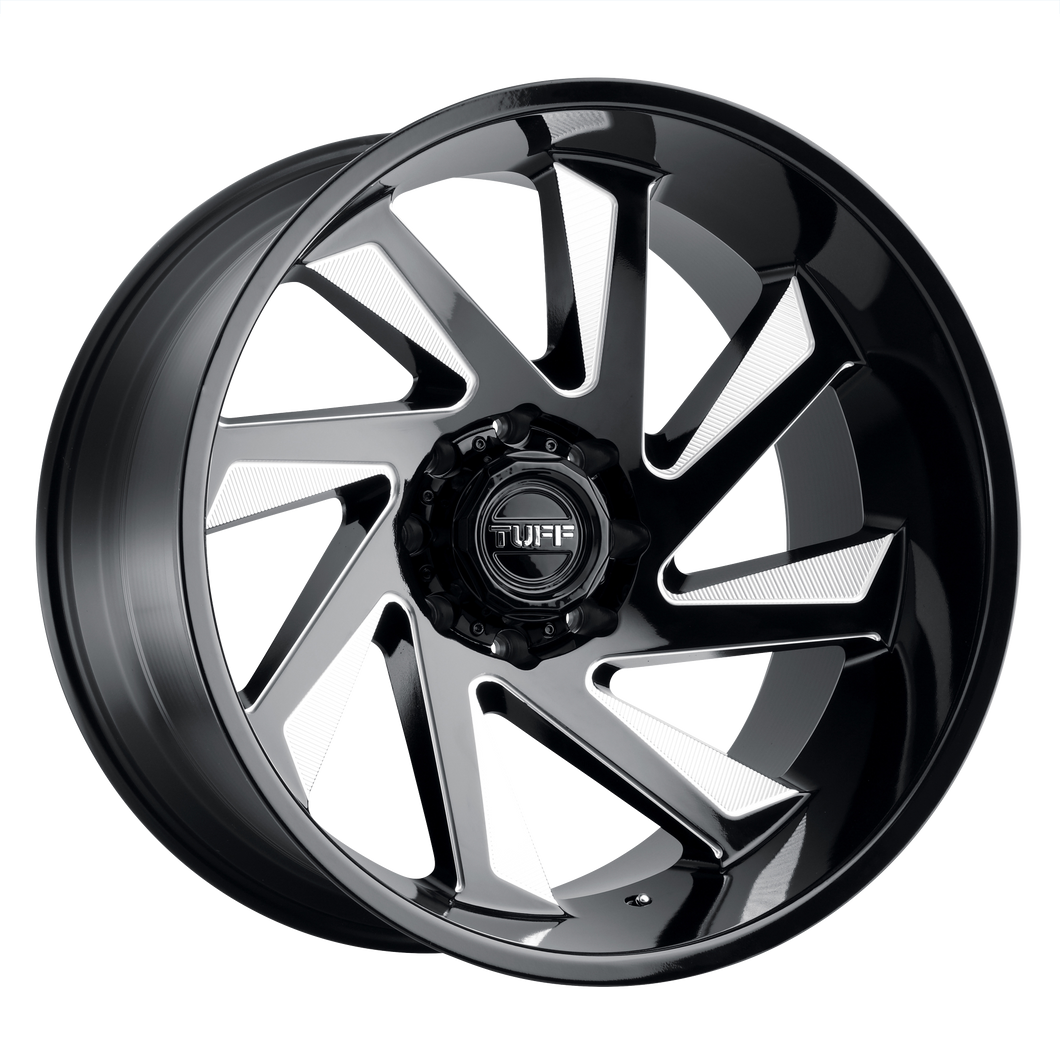 24x14 8x170 Tuff Wheels T1B Gloss Black With Milled Spokes -72 offset 125.1 hub