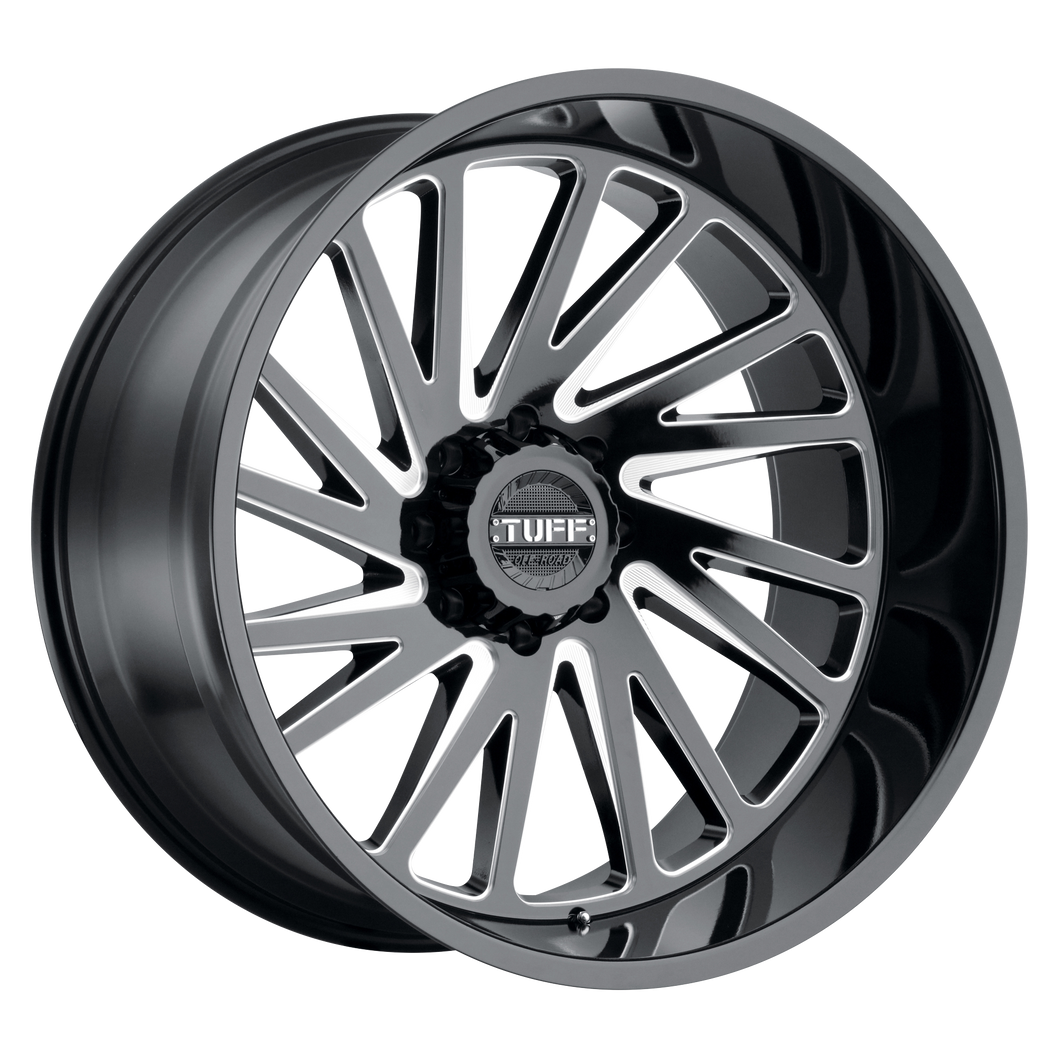 24x14 6x139.7 Tuff Wheels T2A Gloss Black With Milled Spokes -72 offset 112.1 hub