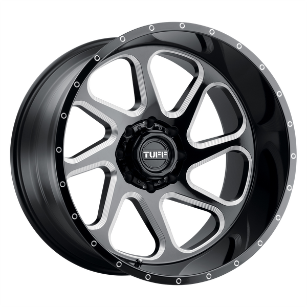 22x12 8x165.1 Tuff Wheels T2B Gloss Black With Milled Spokes -45 offset 125.1 hub