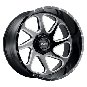 24x14 5x127 Tuff Wheels T2B Gloss Black With Milled Spokes -72 offset 71.5 hub