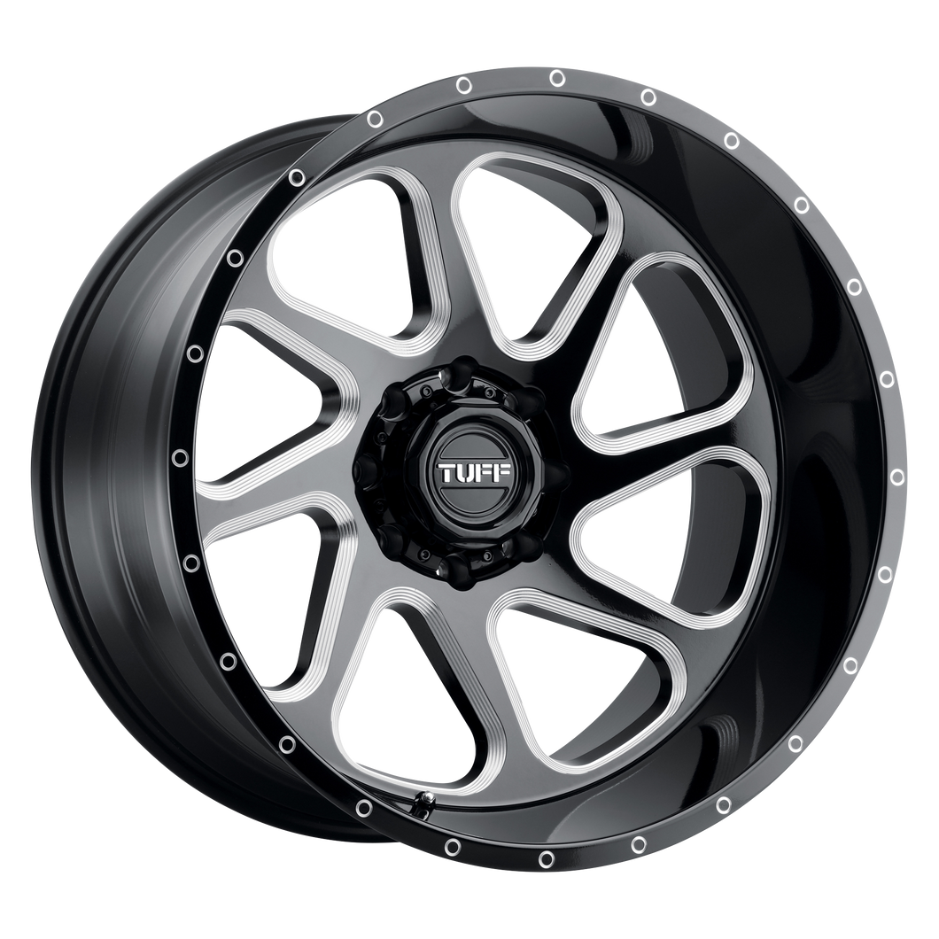 24x14 5x127 Tuff Wheels T2B Gloss Black With Milled Spokes -72 offset 71.5 hub