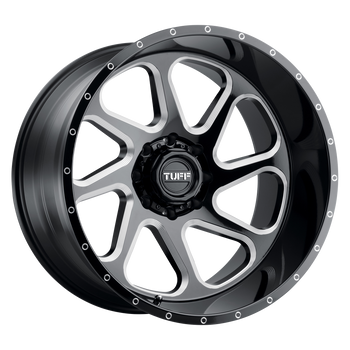 22x12 8x165.1 Tuff Wheels T2B Gloss Black With Milled Spokes -45 offset 125.1 hub