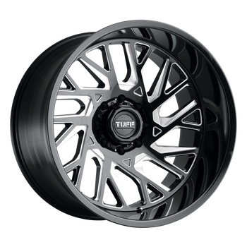 20x12 5x127 Tuff Wheels T4B Gloss Black With Milled Spokes -45 offset 71.5 hub