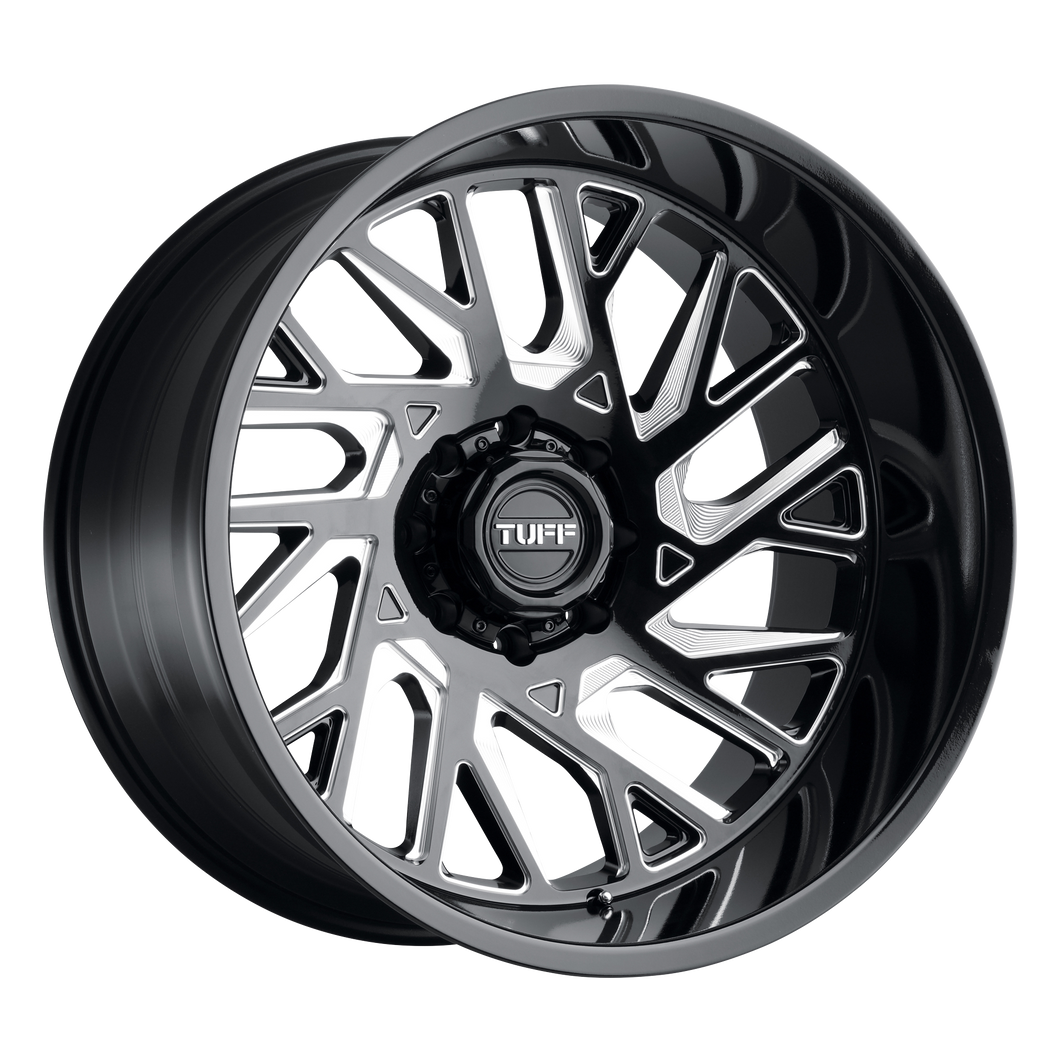 20x12 5x127 Tuff Wheels T4B Gloss Black With Milled Spokes -45 offset 71.5 hub