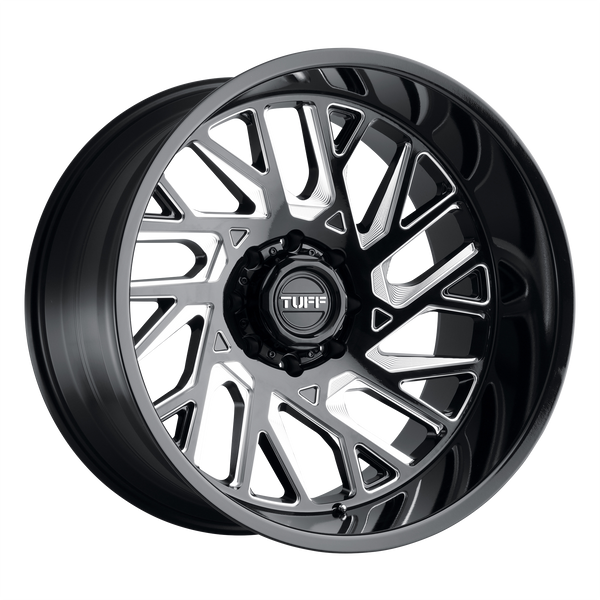 20x12 5x127 Tuff Wheels T4B Gloss Black With Milled Spokes -45 offset 71.5 hub