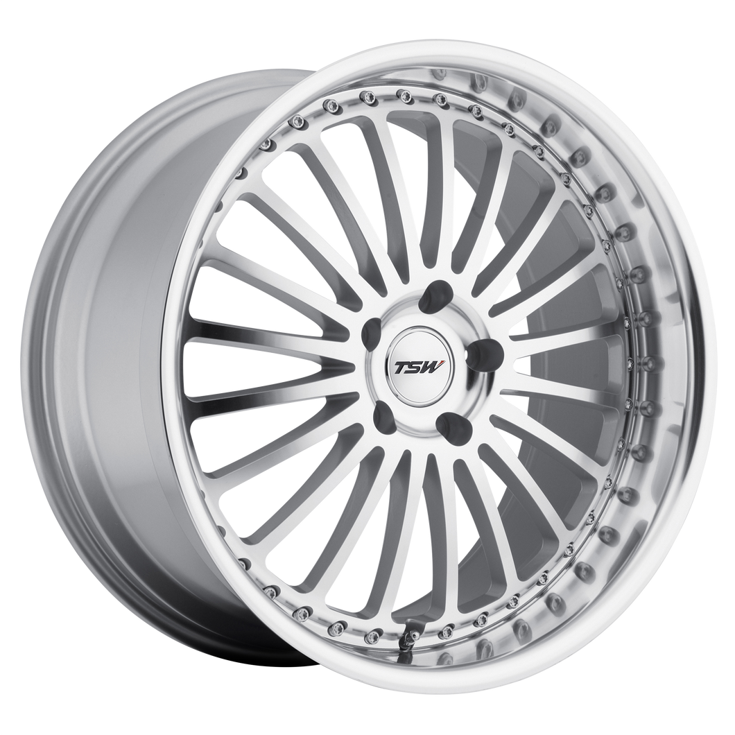 18x8 5x120 TSW Wheels Silverstone Silver With Mirror Cut Face And Lip 35 offset 76.1 hub