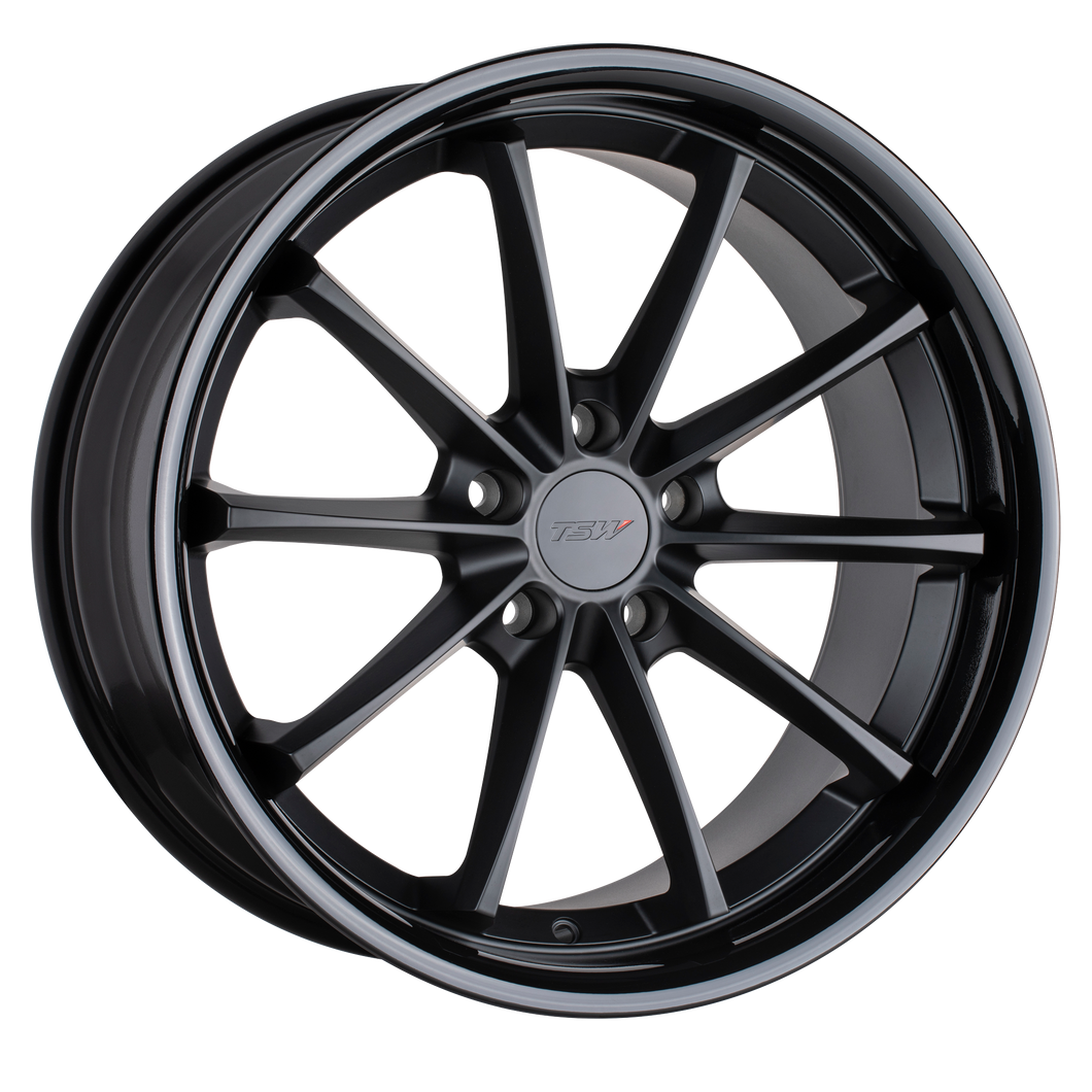18x9.5 5x120 TSW Wheels Sweep Matte Black With Gloss Black Lip 40 offset 76.1 hub
