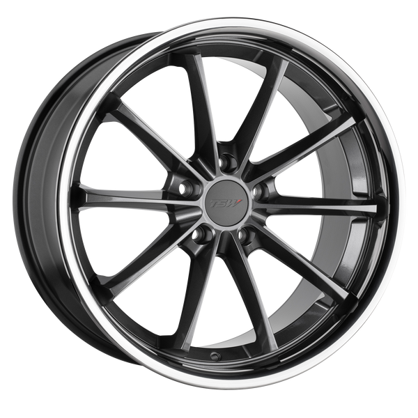 18x9.5 5x120 TSW Wheels Sweep Gloss Gunmetal With Stainless Lip 40 offset 76.1 hub