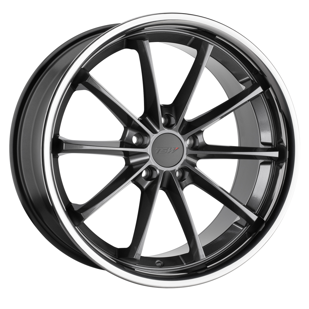 18x9.5 5x120 TSW Wheels Sweep Gloss Gunmetal With Stainless Lip 40 offset 76.1 hub