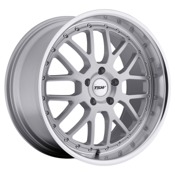 18x9.5 5x120 TSW Wheels Valencia Silver With Mirror Cut Lip 20 offset 76.1 hub