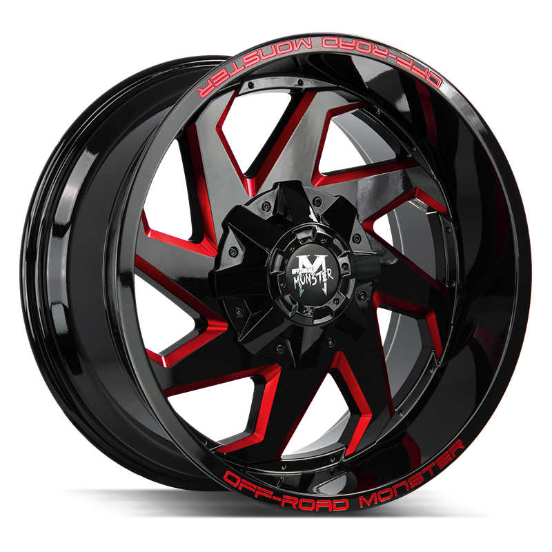 20x10 Off Road Monster Wheels M09 6x135 -44 ET 106.4 hub - Gloss Black Candy Red Milled