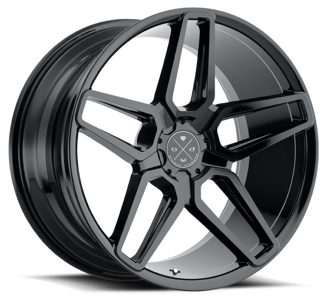 Staggered full Set - (2) 22x9 Blaque Diamond BD-17-5 Gloss Black (2) 22x10.5 Blaque Diamond BD-17-5 Gloss Black