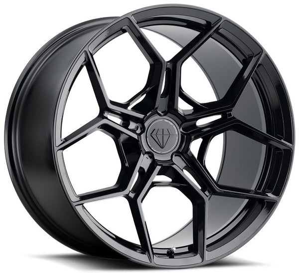 Staggered full Set - (2) 22x11 Blaque Diamond BD-F25 Gloss Black (Flow Forged) (2) 22x12 Blaque Diamond BD-F25 Gloss Black (Flow Forged)