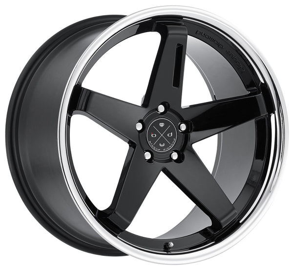 Staggered full Set - (2) 22x9 Blaque Diamond BD-21 Gloss Black w/ Chrome Stainless Steel Lip (2) 22x10.5 Blaque Diamond BD-21 Gloss Black w/ Chrome Stainless Steel Lip
