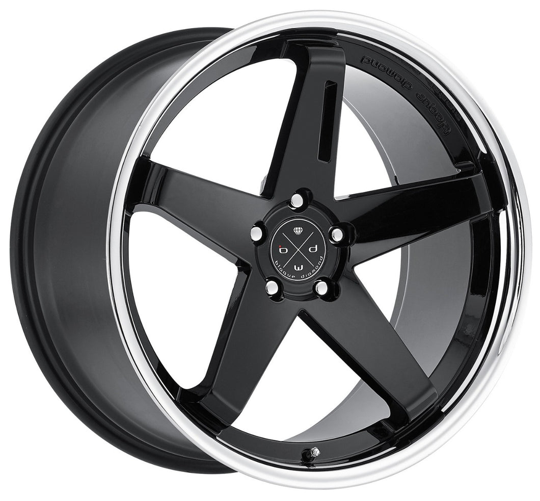Staggered full Set - (2) 20x9 Blaque Diamond BD-21 Gloss Black w/ Chrome Stainless Steel Lip (2) 20x10.5 Blaque Diamond BD-21 Gloss Black w/ Chrome Stainless Steel Lip