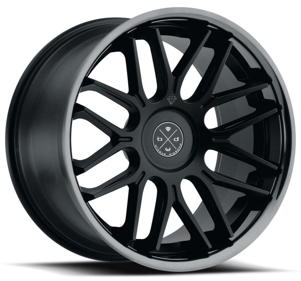 Staggered full Set - (2) 22x9 Blaque Diamond BD-27 Satin Black w/ Black Chrome Stainless Steel Lip (2) 20x11 Blaque Diamond BD-27 Satin Black w/ Black Chrome Stainless Steel Lip