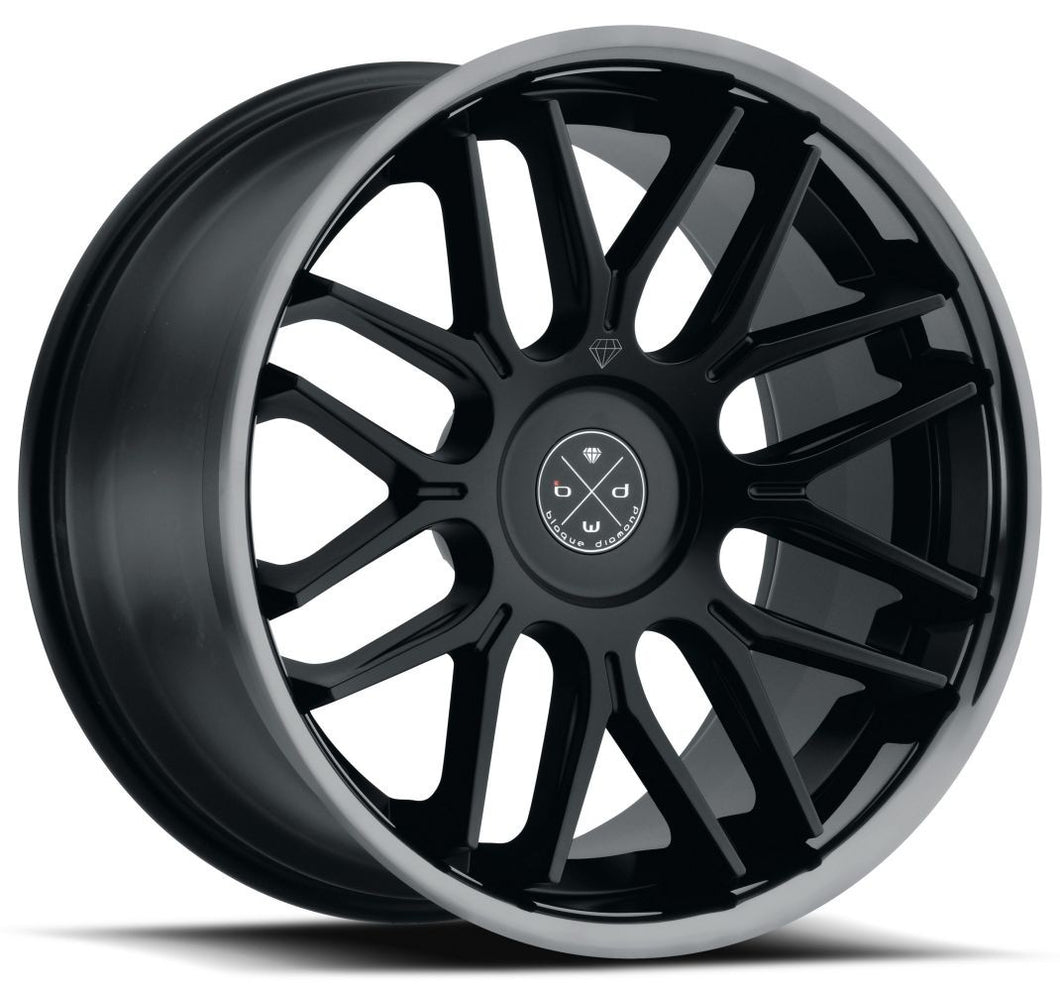 Staggered full Set - (2) 22x9 Blaque Diamond BD-27 Satin Black w/ Black Chrome Stainless Steel Lip (2) 20x11 Blaque Diamond BD-27 Satin Black w/ Black Chrome Stainless Steel Lip